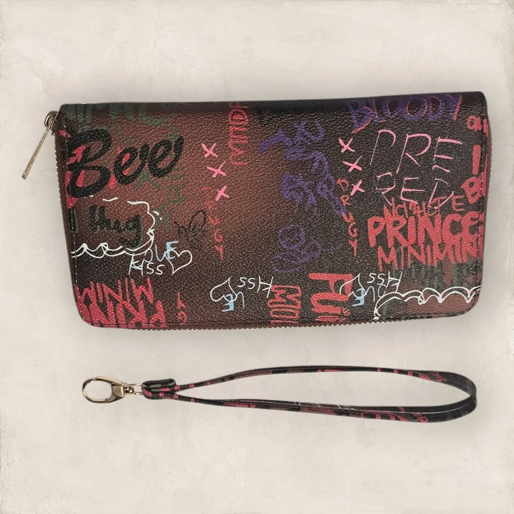 Graffiti Print Zip Around Wallet‎ Wristlet Vegan Leather NEW